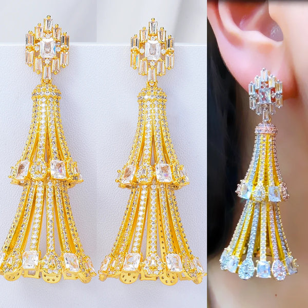 Luxury Spin Long Big Pendant Earrings For Women Wedding Party CZ Dubai Bridal Earrings