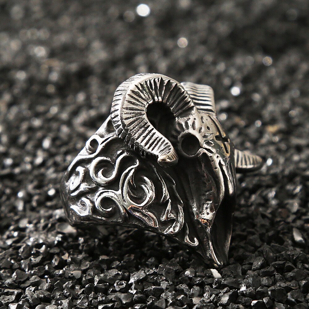 Gothic Lucifer Vintage Satan Sheep Rings For Men Punk Hip Hop Stainless Steel Skull Men's Ring