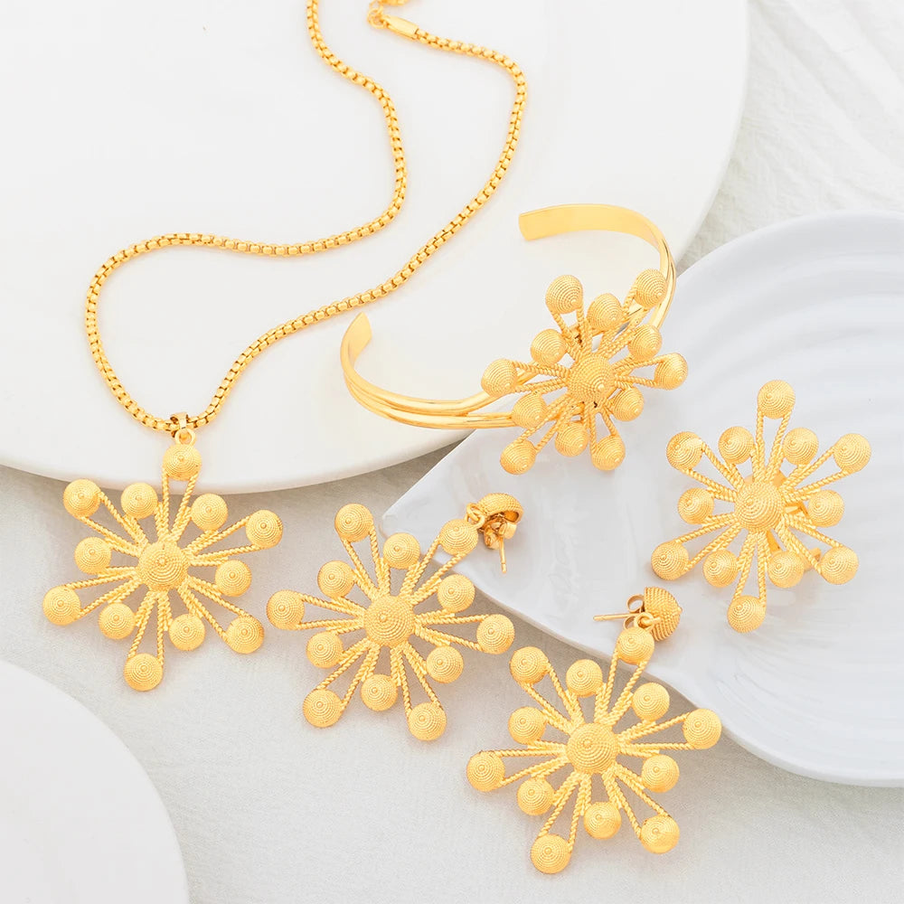 Golden Color Jewelry Set Dubai Women Necklace Clasp Earrings Ring