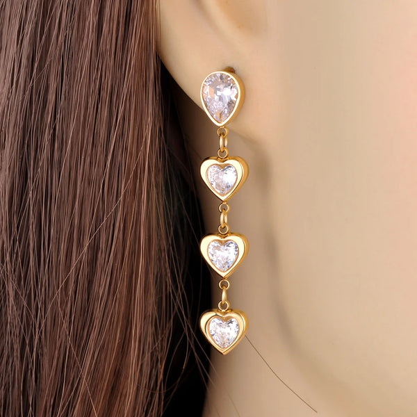 Fashion Waterproof Heart Cubic Zirconia Stainless Steel Colorful Dangle Earrings