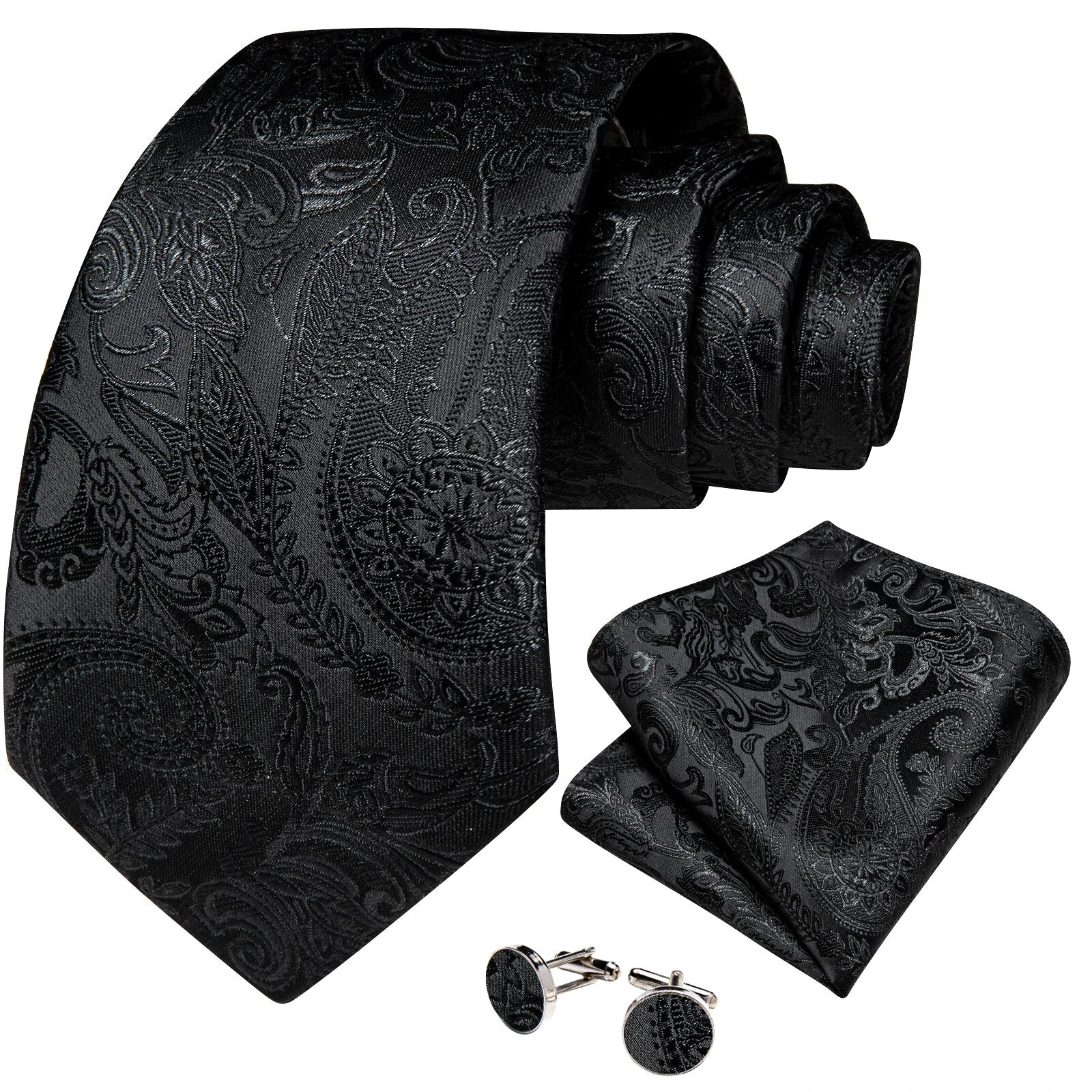 New Classic Black Solid Paisley Silk Ties For Men Handkerchief Cufflinks