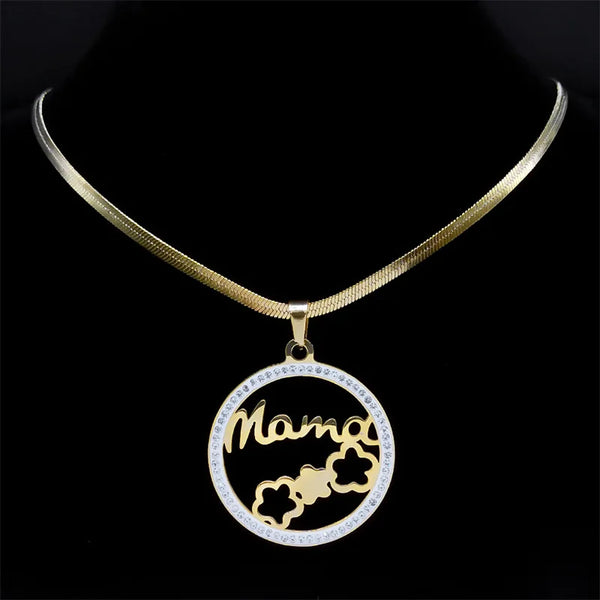 MAMA Flower Necklace for Women Stainless Steel Crystal Gold Color Family Love Chain Necklace