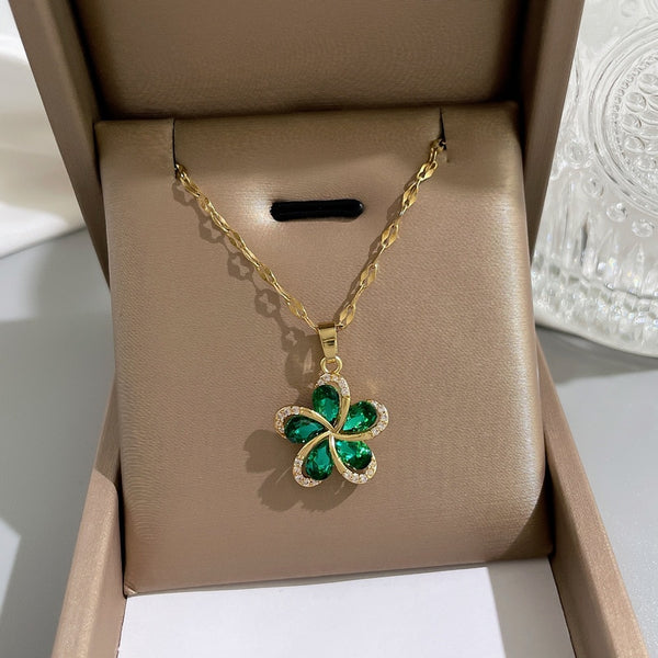 Gold Plated Green Zircon Flowers Pendant Necklace For Women