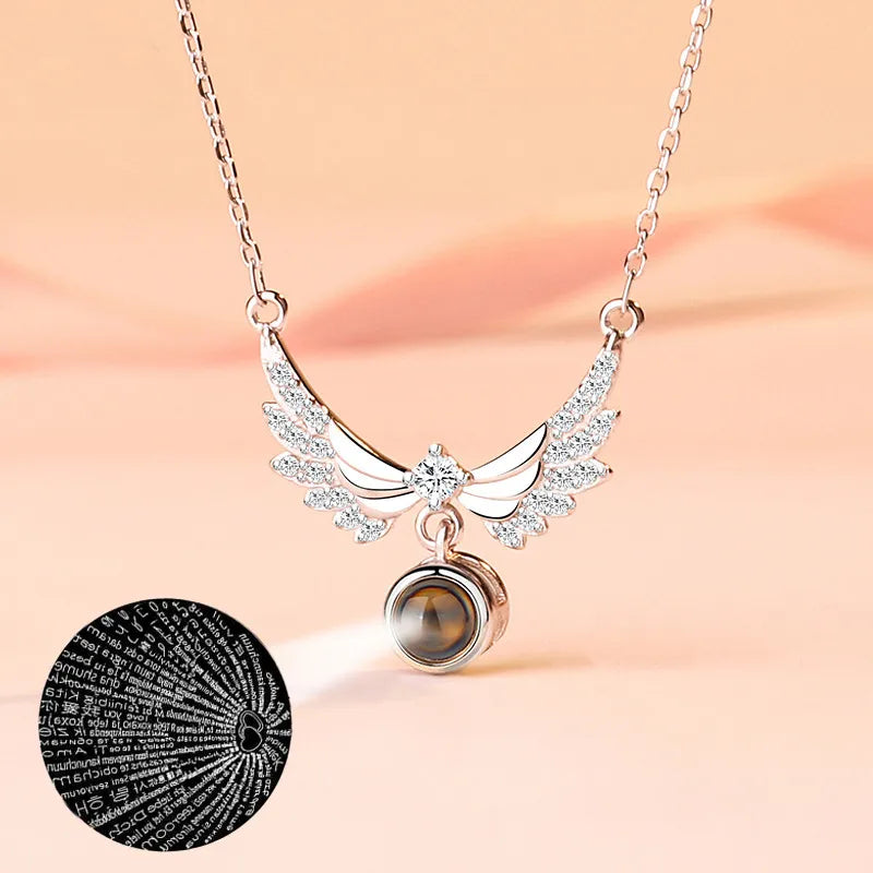 Angel Wings Necklace With Rose Gift Box 100 Languages I Love You Projection Pendant Jewelry