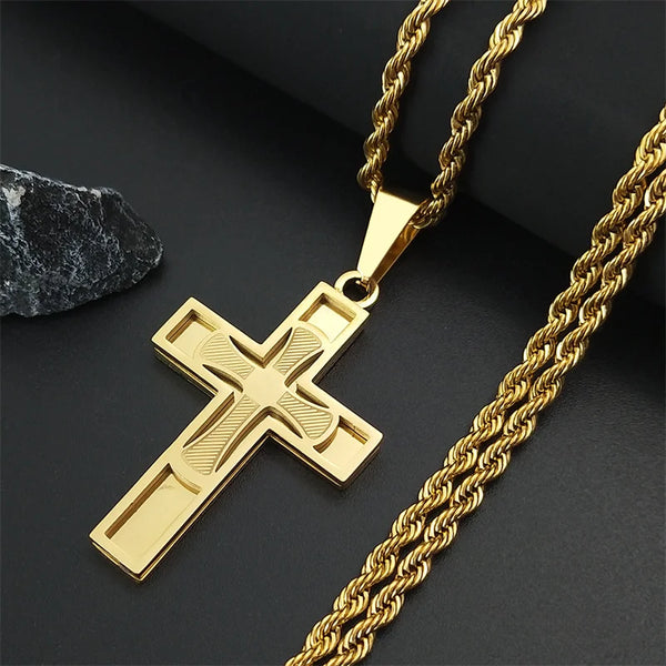 Big Cross Jesus Stainless Steel Necklace for Men Women Gold Color Hip Hop Male Long Chain Gift