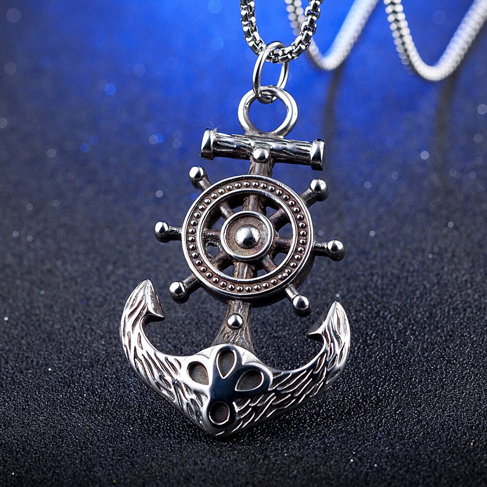 Vintage Viking Compass Pendant Necklace Men's Stainless Steel Viking Anchor Pendant