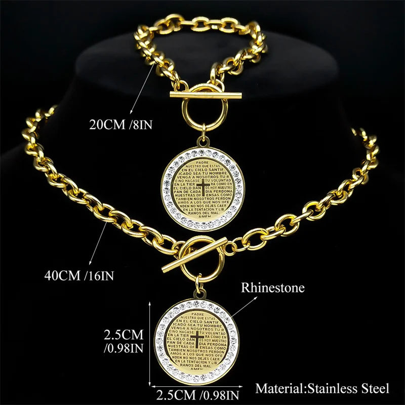 Vintage Spanish Lord's Prayer Cross Necklace Bracelet for Women