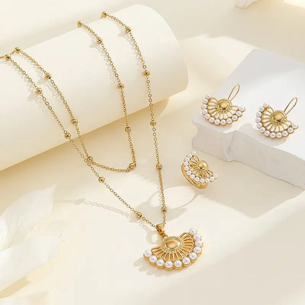 3 Pcs Fan Half Hollow Out Round Pearl Jewelry Set