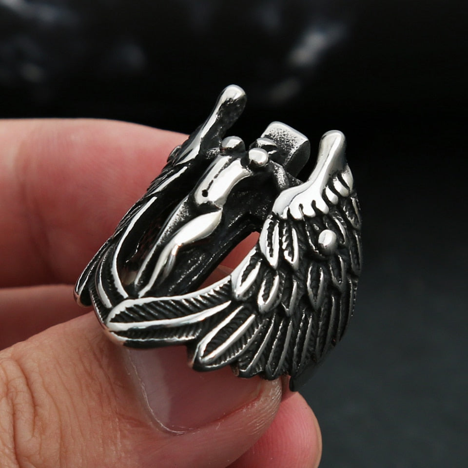 Punk Vintage Stainless Steel Angel Wings Ring For Men Women