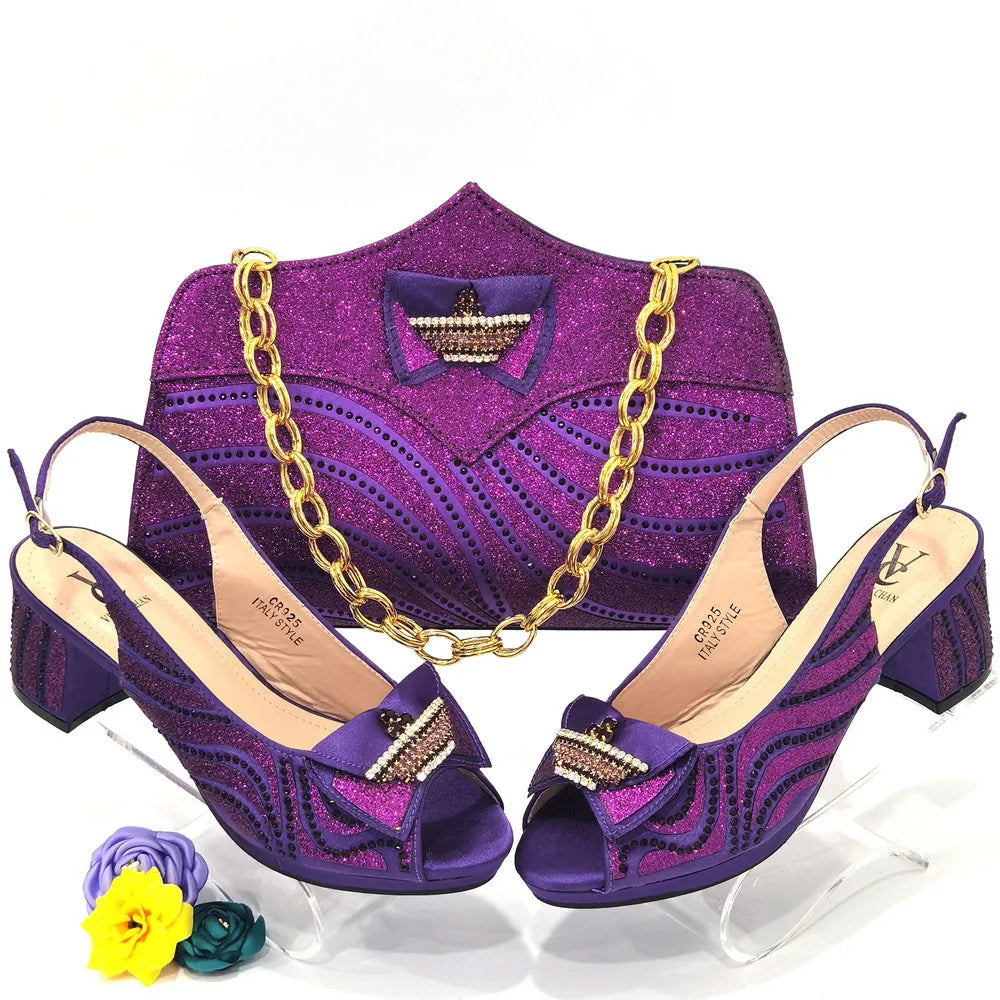 Latest Women Matching Shoes and Bag Set Decorated  Heels Shoes and Bags