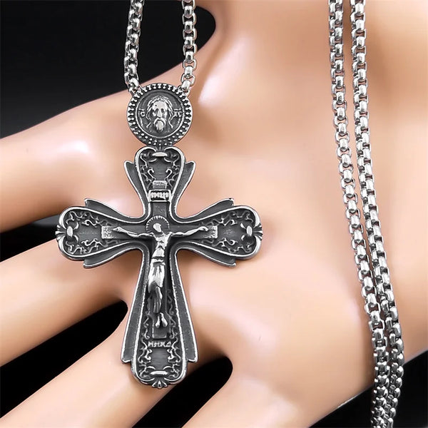 Punk Jesus Crucifix Cross Pendant Necklace for Women Men Stainless Steel Male Biker Chain