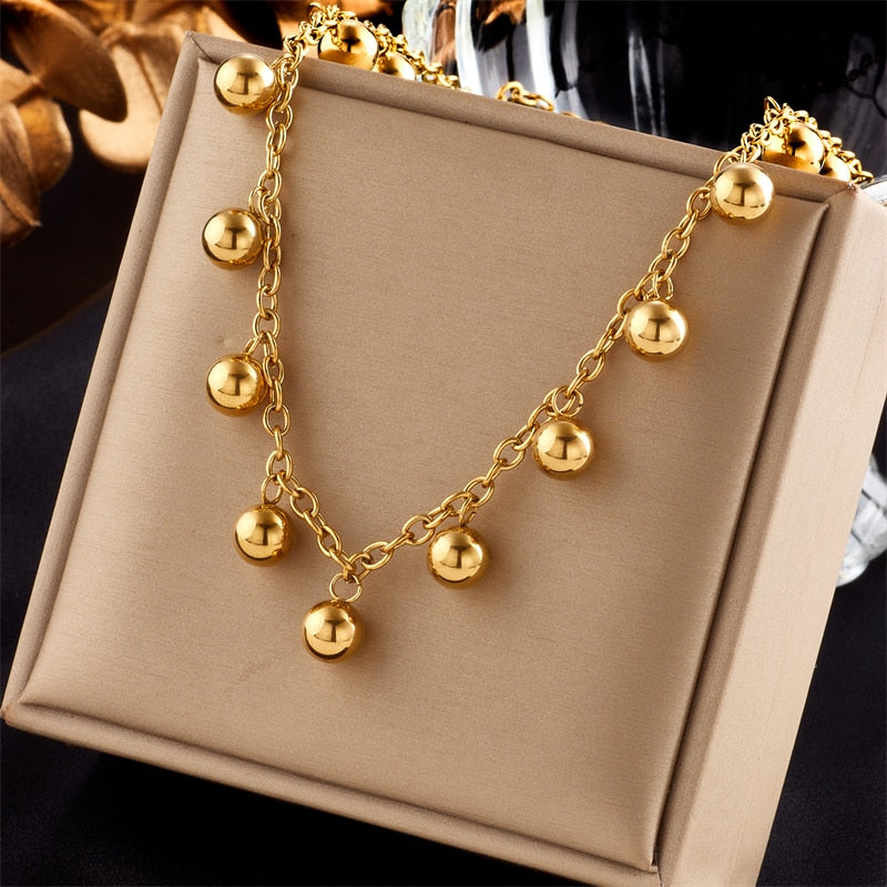 316L Stainless Steel Geometric Ball Beads Pearl Chain Necklace For Women