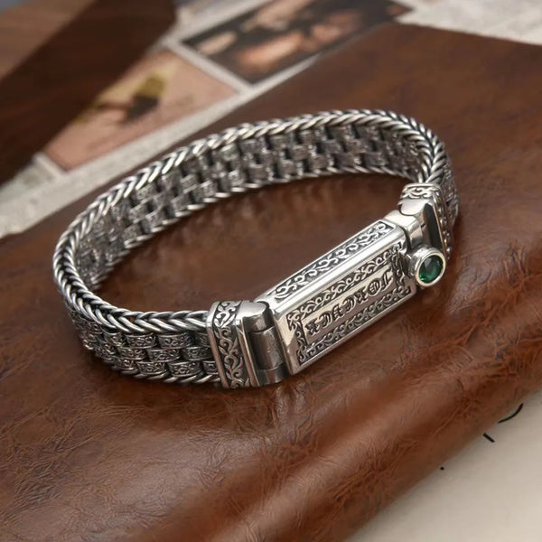 Silver Color  Green Stone Vine and Grass Pattern Woven Bracelet for Men's