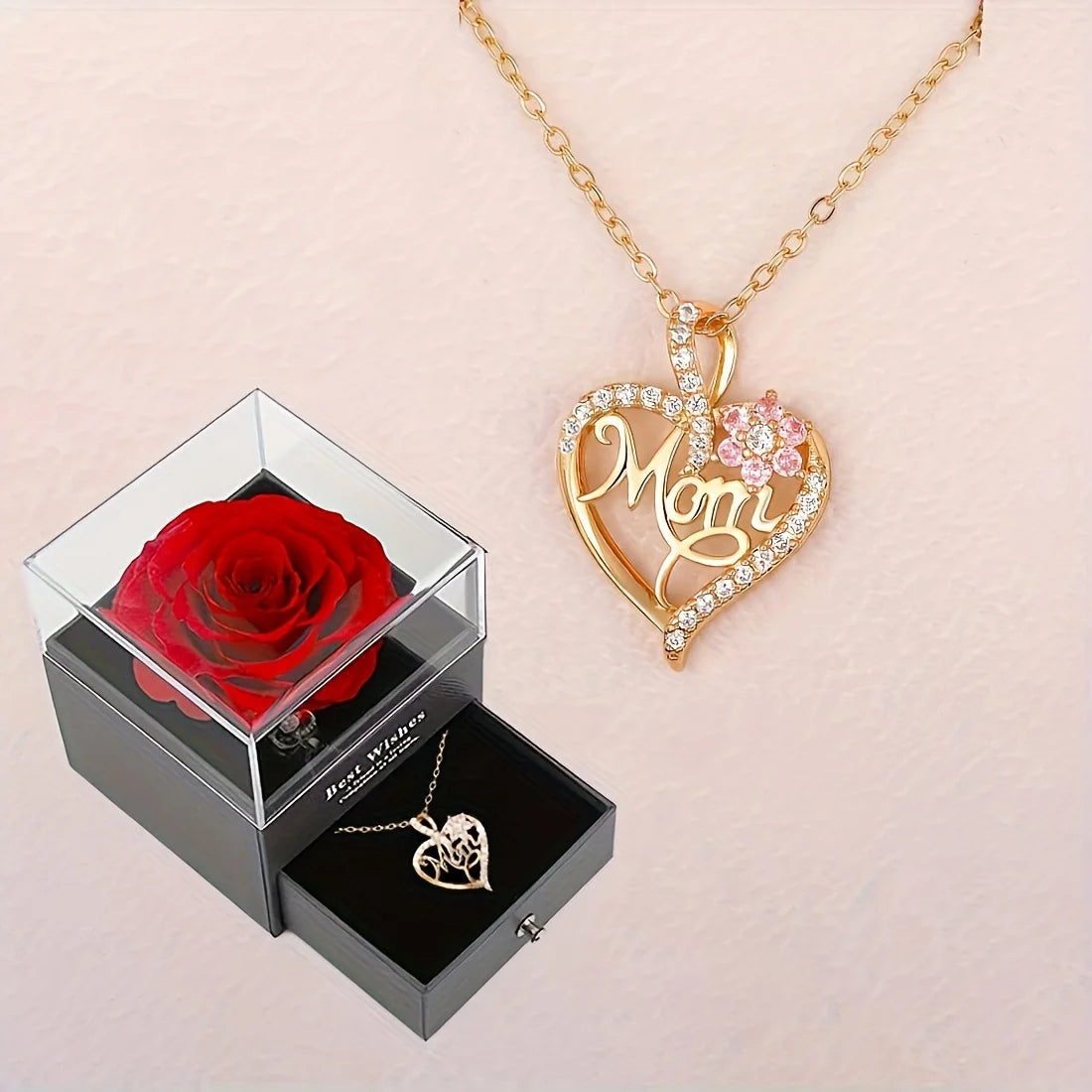 Mom Heart Pendant Necklace With Rose Gift Box For Mom Birthday Christmas Romantic Gift