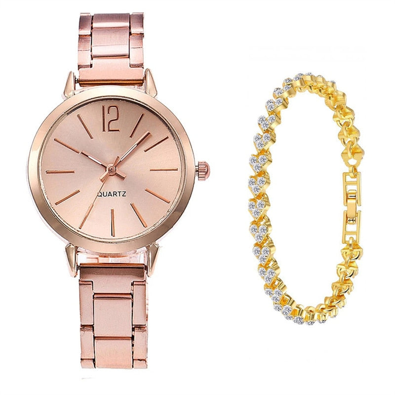 2pcs Set Watch Luxury Women Fashion Gold Bracelet Quartz Wristwatch