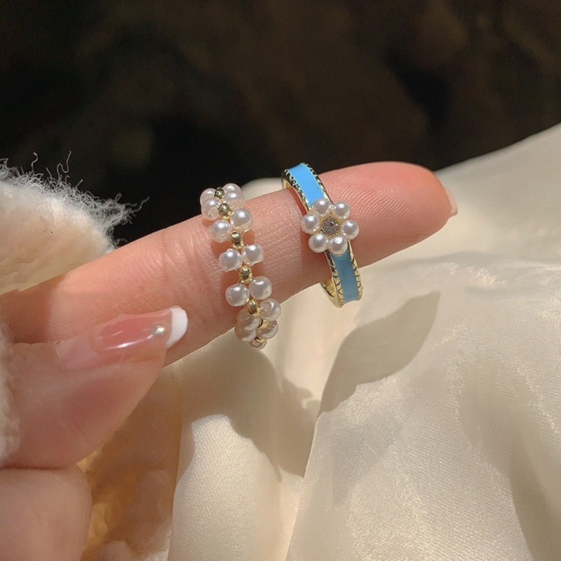 Korean Fashion Blue Drip Glaze Pearl Flower Opening Ring For Women