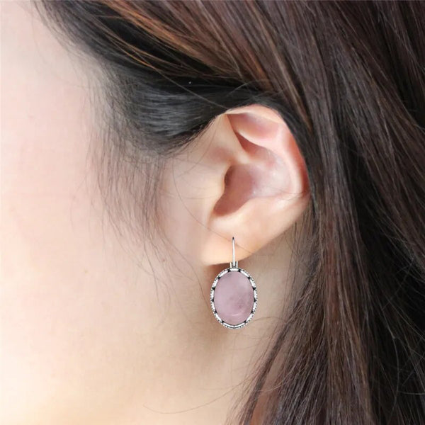 Vintage Big Oval Natural Quartz Jades Amethysts Earrings For Women