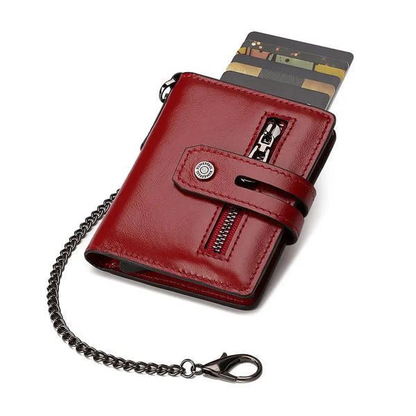 Mini Pop-Up Card Holder Genuine Leather Women Wallets RFID Blocking Protect