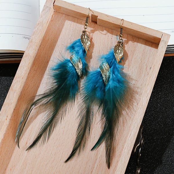 Feather Earrings For Women Bohemian Vintage Leaf Feather Long Tassel Dangling Earring