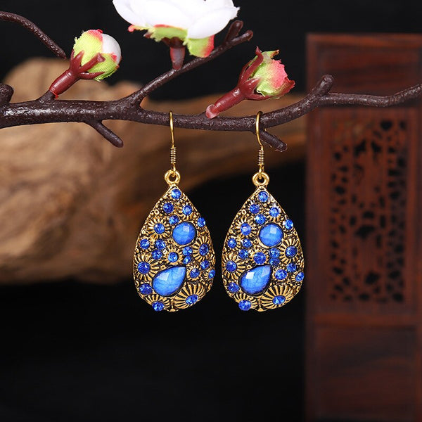 Vintage Ethnic Multicolor Rhinestone Water Drop Dangle Earrings for Women