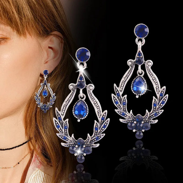 Black Red Blue Cubic Zirconia Drop Chandelier Earrings Antique Silver Color Women