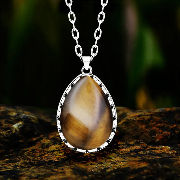 Vintage Water Drop Natural Quartz Necklace For Women Antique Silver Plated Flower Pendant