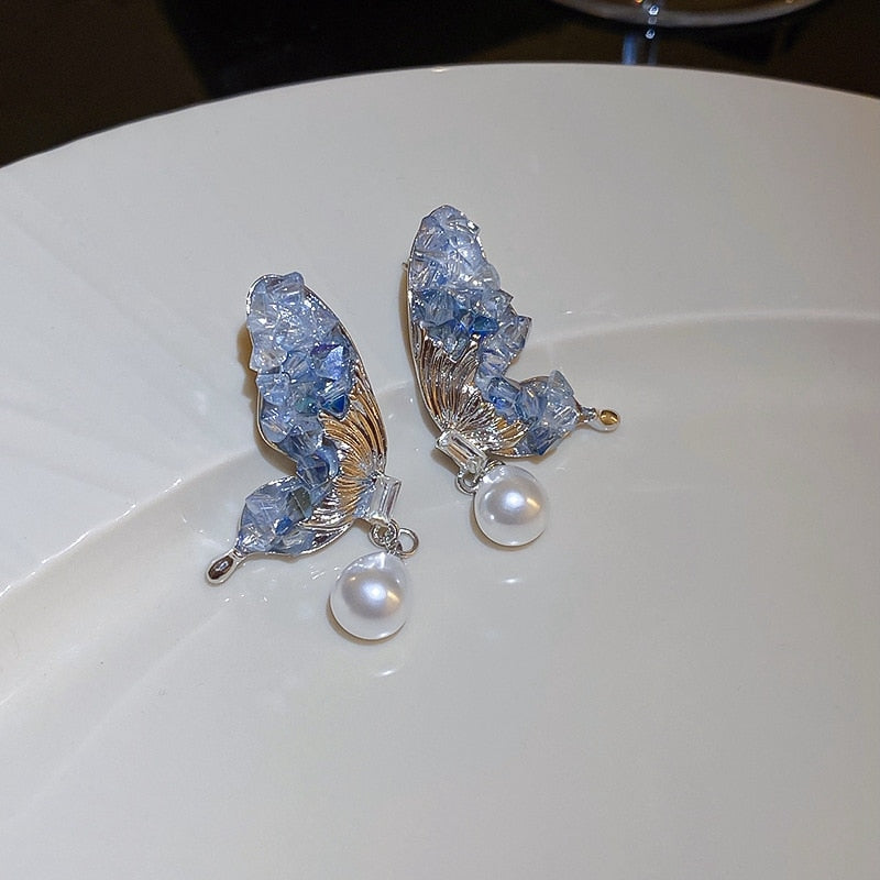 Korean Fashion Blue Crystal Butterfly Dangle Earrings For Women