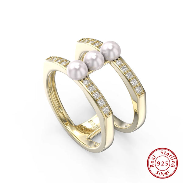 925 Sterling Silver Double Layer Luxury Finger Ring with Pearls Wedding Rings