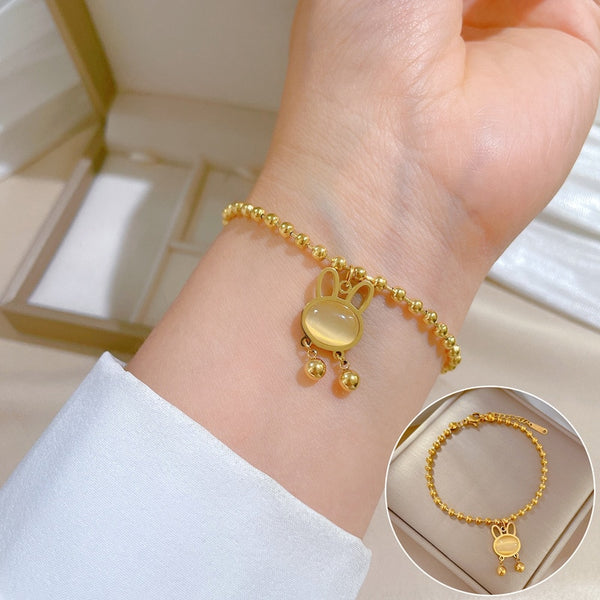 Gold Plated Bracelet Antirust Cute Rabbit Opal Beads Chain Bangle For Women