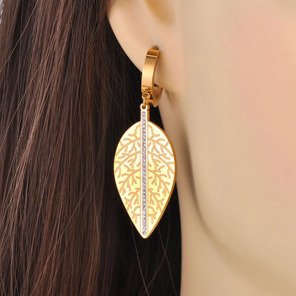 New Stainless Steel Rhinestone Leaves Hoop Earrings For Women