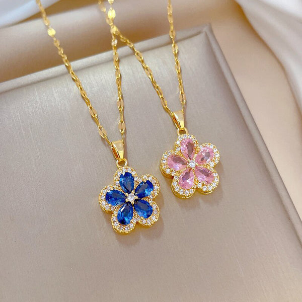 Gold Plated Charm Rhinestone Pink Flower Pendant Neckalce For Women