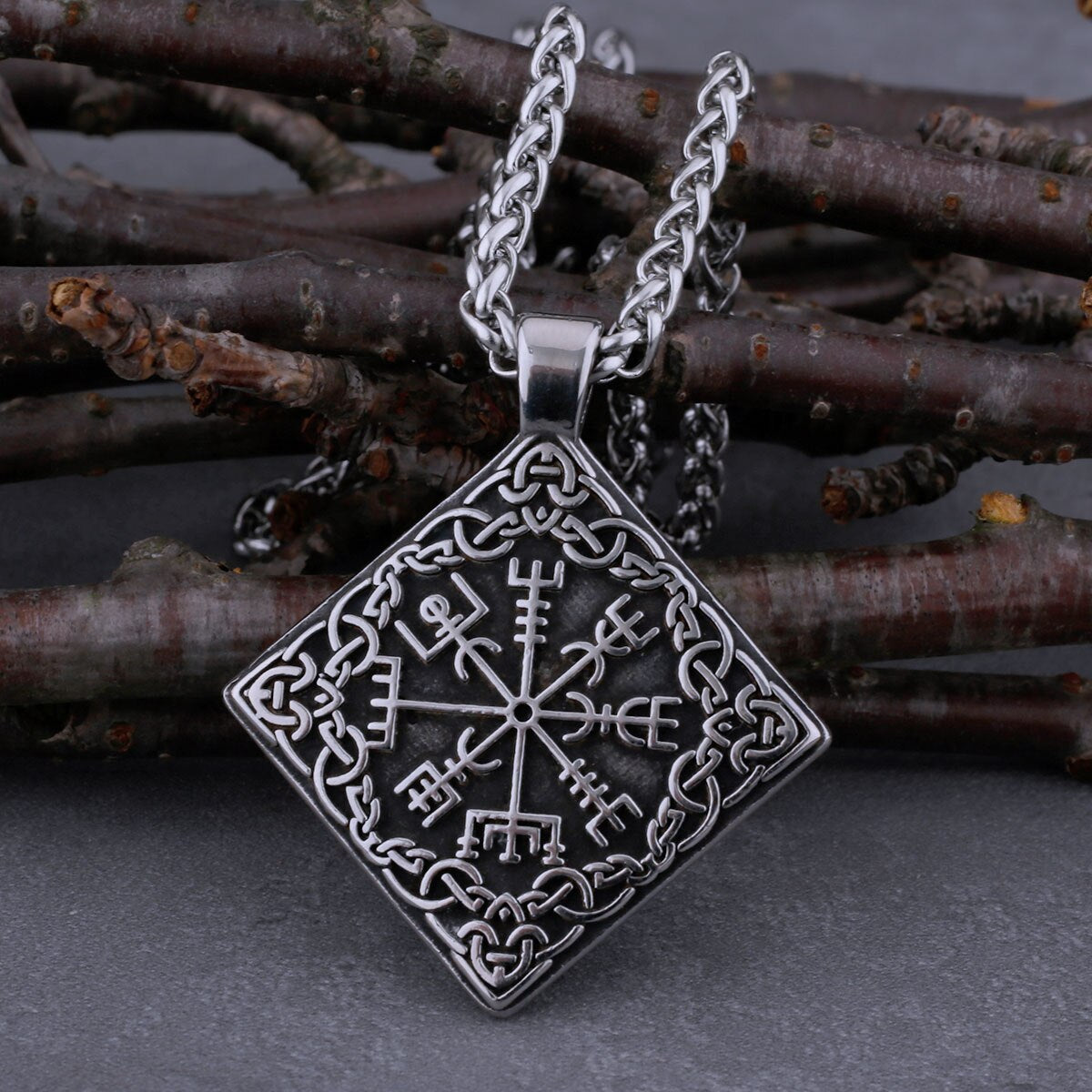 Road Sign Viking Compass Necklace "Viking Vegvisir" Amulet Stainless Steel Pendant