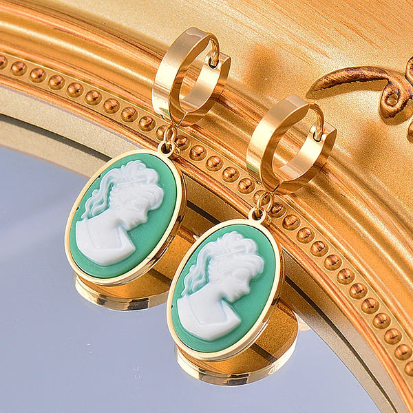 Stainless Steel Oval Resin Green White Drop Earrings For Women Gold Color Gift