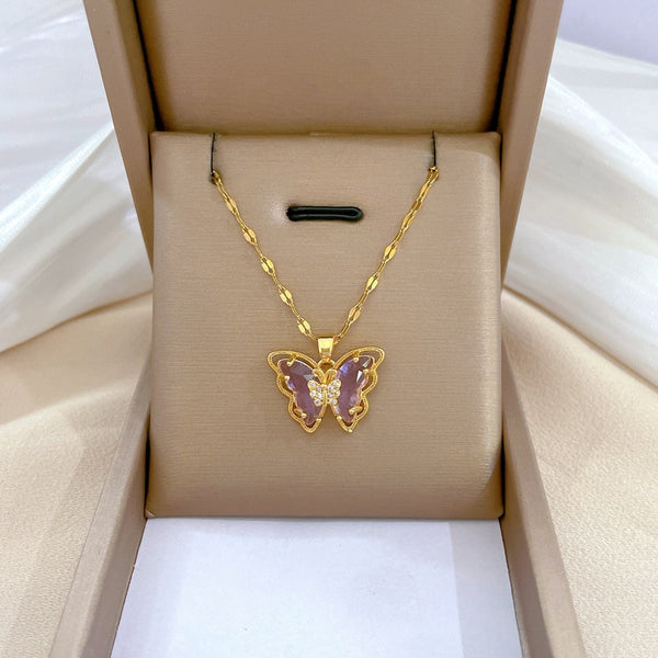 Gold Plated Charming Purple Rhinestone Butterfly Pendant Neckalce For Women