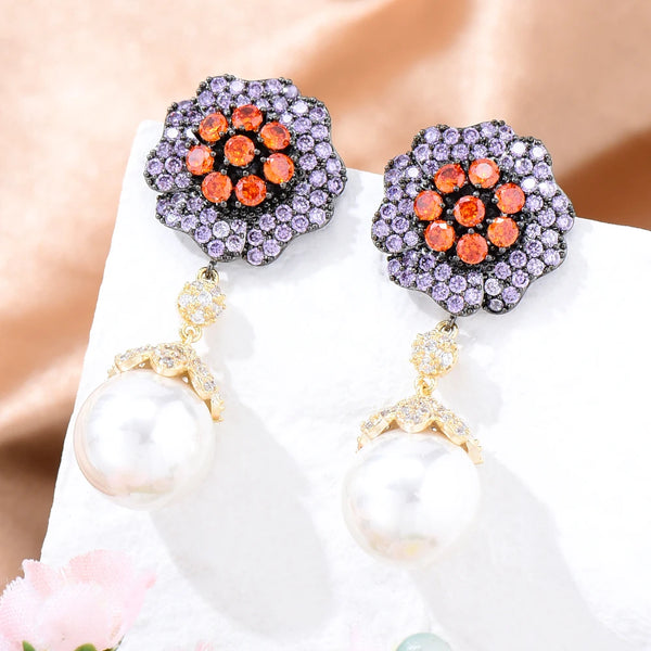 New Luxury Round Pearl Flower Earrings Full Cubic Zirconia for Women