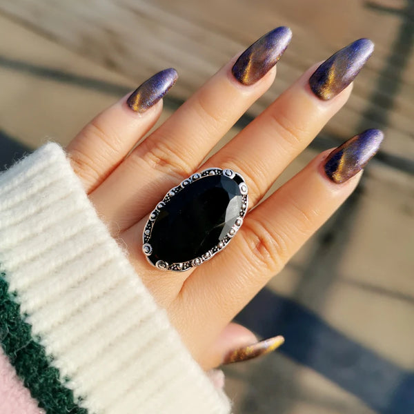 Vintage Big Black Oval Stone Rings For Women