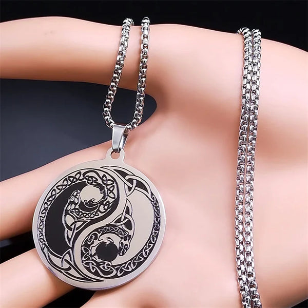 Yin Yang Gossip Dragon Trinity Pendant Necklace Stainless Steel Chinese Taiji Necklaces