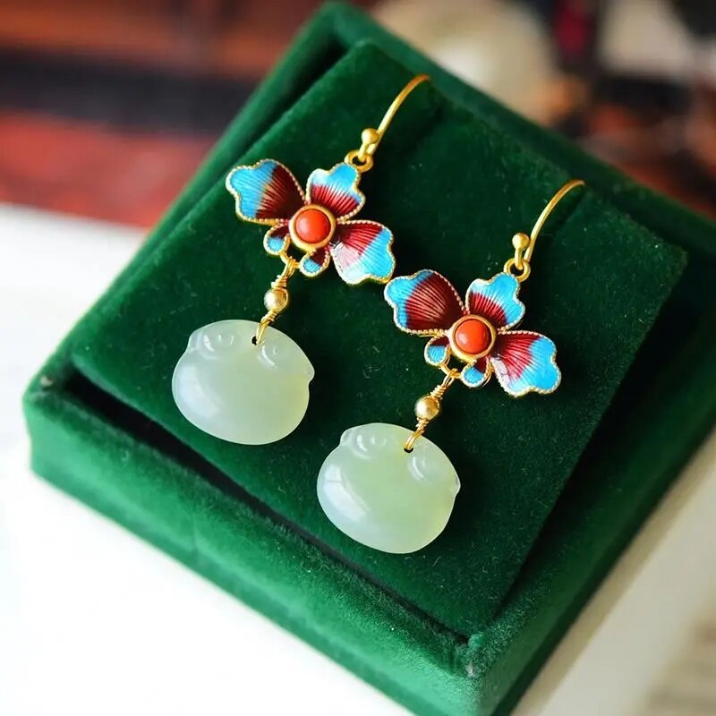 Natural Hetian  jade enamel porcelain Earrings