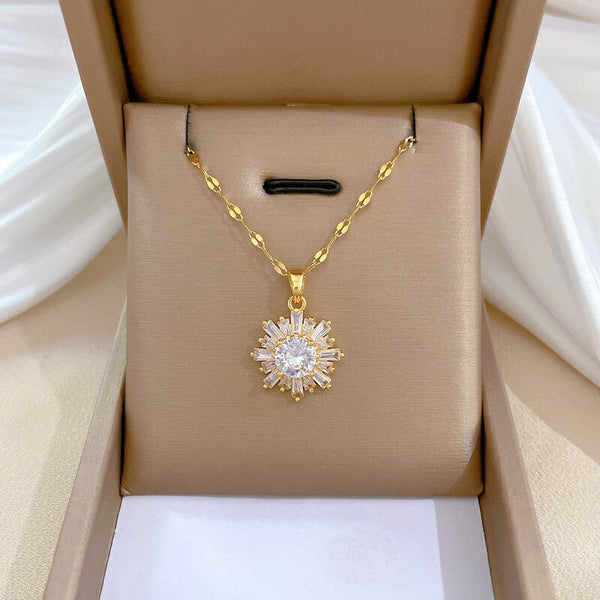 Gold Color Full Crystal Snowflake Flower Pendant Necklace Temperament For Women