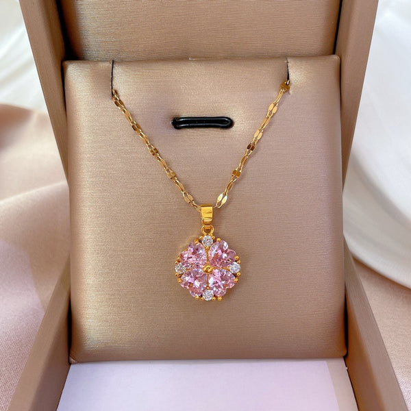 Gold Color Full Purple Zirconia Flower Pendant Girl Necklace