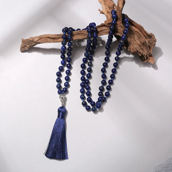 108 Mala Beads Necklace 8mm Lapis Lazuli Beaded Knotted Rosary Meditation