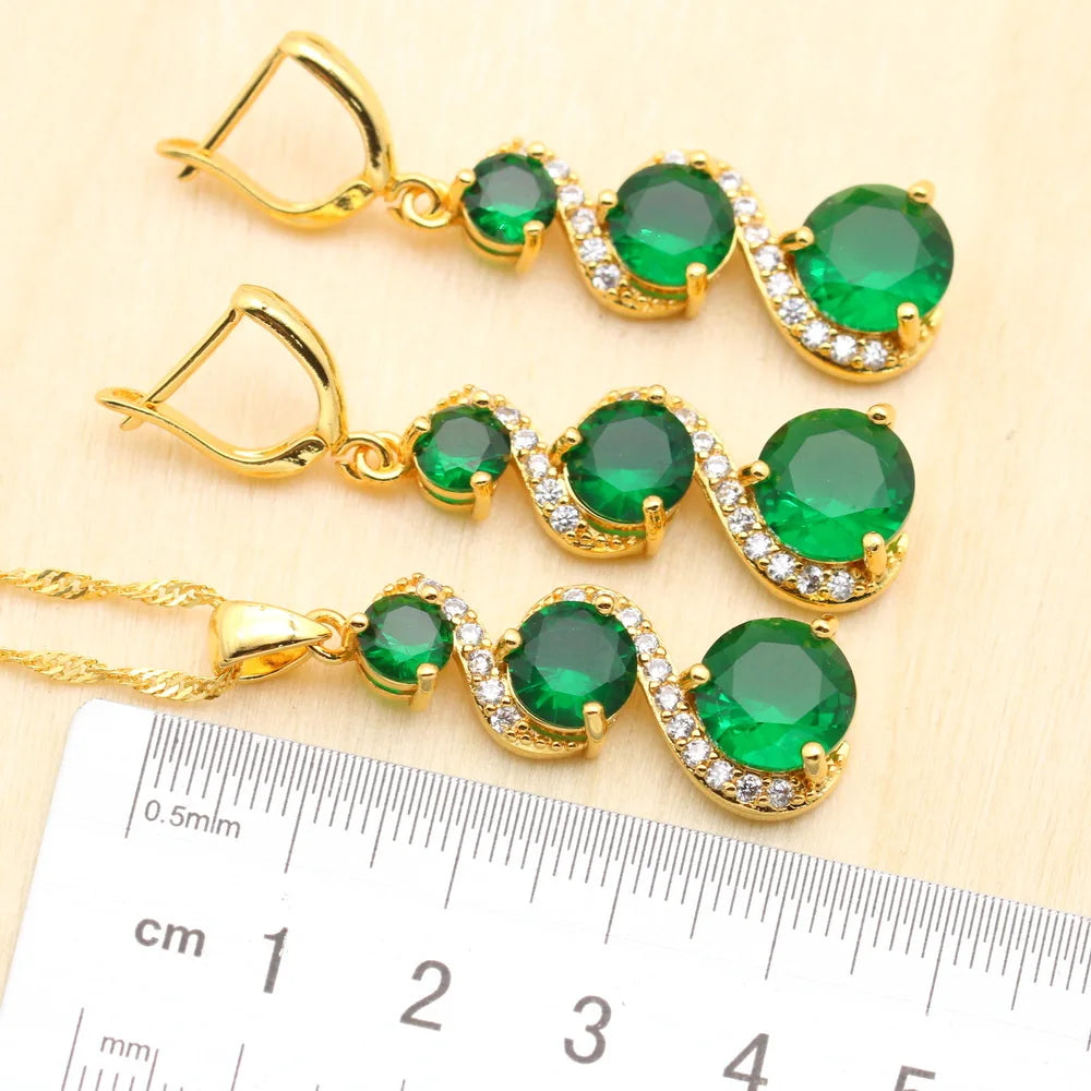 Green Stones Gold Color Jewelry Sets For Women