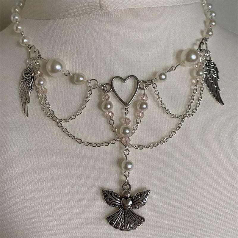 Handmade Fairycore Pearl Crystal RosaryNecklace