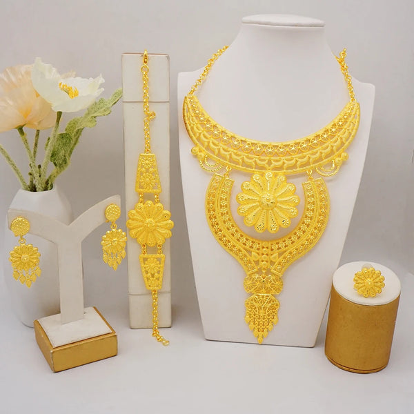 Dubai Gold Color Big Luxury African Necklace Bracelet Earrings Ring Jewelry Sets For Women