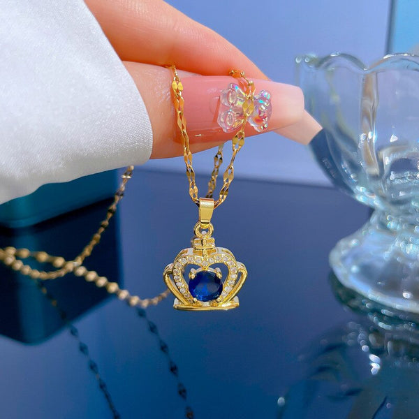 Blue Rhinestone Crown Pendant Necklaces for Women