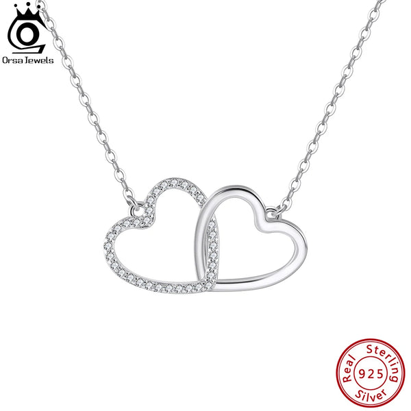 925 Sterling Silver Double Love Heart Necklace