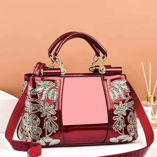 European and American Embroidered Double-sided Bright Patent Leather Shoulder Hand Bags