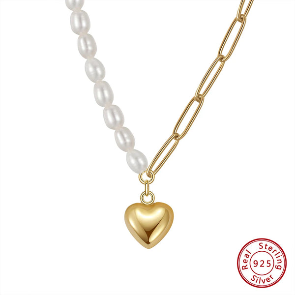 925 Sterling Silver Natural Pearl Paperclip Link Chain with Gold Heart Pendant