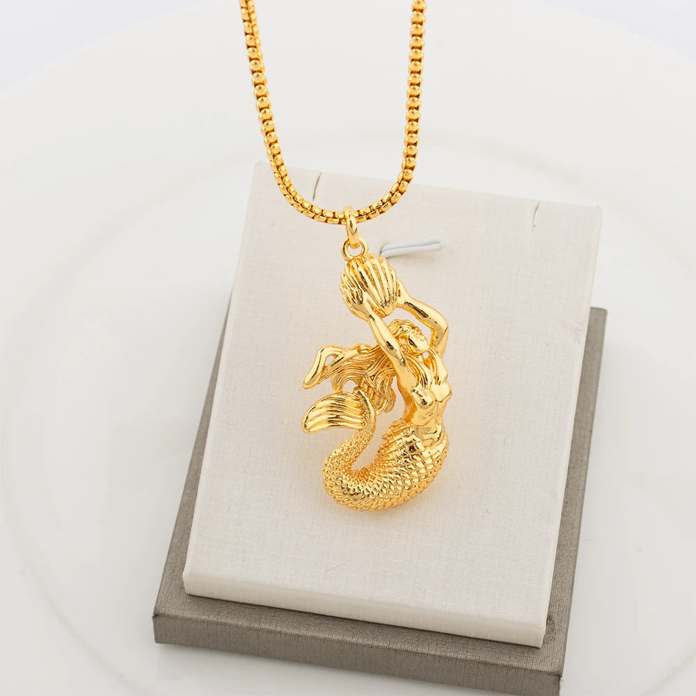 Gold Plated Copper Mermaid Pendant with Chain 80/60/40CM Jewelry Accessories