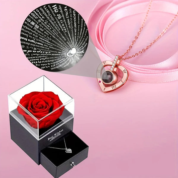 Love Heart Necklace With Luxury Rose Box 100 Languages I Love You Projection Jewelry For Girlfriend